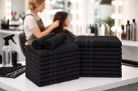 Lux Collection Black Salon Towels, 16x27 Inch, 24 Pack, 100% Cotton, Highly Absorbent, Bleach Safe, for Hair Salon, Spa, Gym