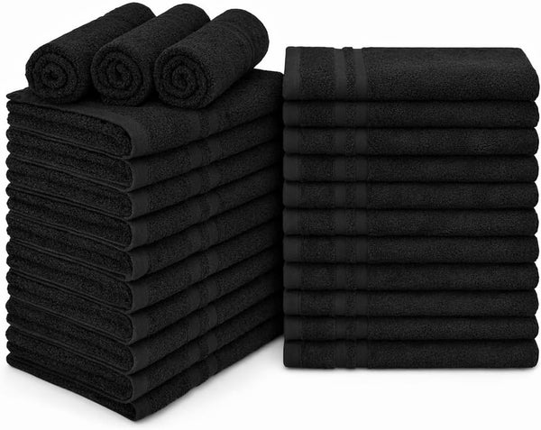 Lux Collection Black Salon Towels, 16x27 Inch, 24 Pack, 100% Cotton, Highly Absorbent, Bleach Safe, for Hair Salon, Spa, Gym