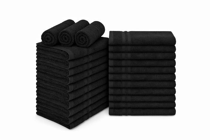 Lux Collection Black Salon Towels, 16x27 Inch, 24 Pack, 100% Cotton, Highly Absorbent, Bleach Safe, for Hair Salon, Spa, Gym