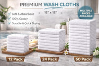 LUX Collection Washcloths 12x12 Inch, White Ring Spun Cotton, 400 GSM Plush, Highly Absorbent (60)